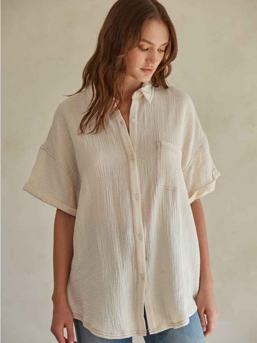 Relaxed Cream Button-Up Gauze Shirt